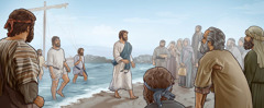 يسوع وتلاميذه ينزلون من مركبهم ويتَّجهون نحو جموع من الناس بانتظارهم على الشاطئ