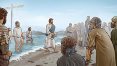 यीशु और उसके चेले नाव से उतरकर आ रहे हैं। किनारे पर खड़े बहुत सारे लोग उनका इंतजार कर रहे हैं।