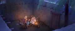 Jesus och Nikodemos sitter och pratar på en innergård på natten.