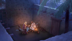 Jesus and Nicodemus conversing at night in a courtyard.