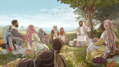 Ісус навчає людей на квітучій галявині неподалік від Галілейського моря. У небі літають птахи.