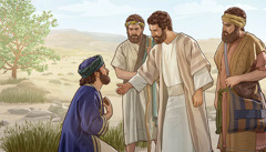 Jesus speaking warmly to a man who is kneeling in front of him and his disciples.