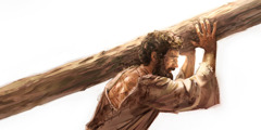 Jezus terwijl hij de martelpaal draagt waaraan hij zal sterven.