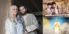 Conjunto de imagens: Destaques do programa de domingo. 1. Zacarias e Elisabete. 2. José segura Jesus enquanto eles estão em uma carpintaria. 3. Jesus olha para baixo desde o céu.
