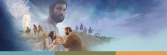 Scenes from the video “The Good News According to Jesus.” 1. Jesus as an adult. 2. A group of angels. 3. An angel speaks to shepherds. 4. Joseph and Mary with baby Jesus. 5. Four astrologers on camels.