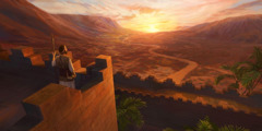 Ein Wächter hält bei Sonnenaufgang auf einem Wachtturm Ausschau.