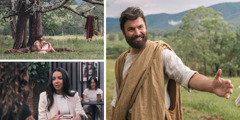 Collage: Highlights of Saturday’s program. 1. John the Baptist sits under a tree. 2. Jesus happily extends his arm to someone. 3. Two women talk at a coffee shop.