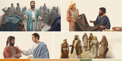 Collage: 1. Stephen defends his faith before the Sanhedrin. 2. Aquila and Priscilla make a tent together. 3. Philip, his wife, and their four daughters walk along a road. 4. Titus talks with an elder.