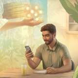Ensemble d’illustrations : 1. Jésus tient sept étoiles dans sa main droite. 2. Assis à une table en plein air, un frère étudie avec son smartphone et un carnet de notes.