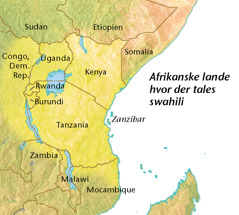 Et kort over afrikanske lande hvor der tales swahili