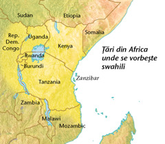 O hartă cu ţări din Africa unde se vorbeşte swahili