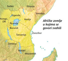 Karta afričkih zemalja u kojima se govori svahili