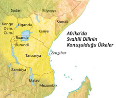 Svahili dili konuşulan Afrika ülkelerini gösteren bir harita