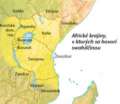 Mapa s africkými krajinami, v ktorých sa hovorí swahilčinou