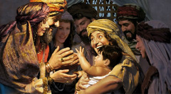 Rut a Boaz se svým synem a s Noemi