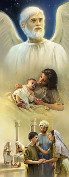 Jésus enfant sur terre, puis glorifié au ciel
