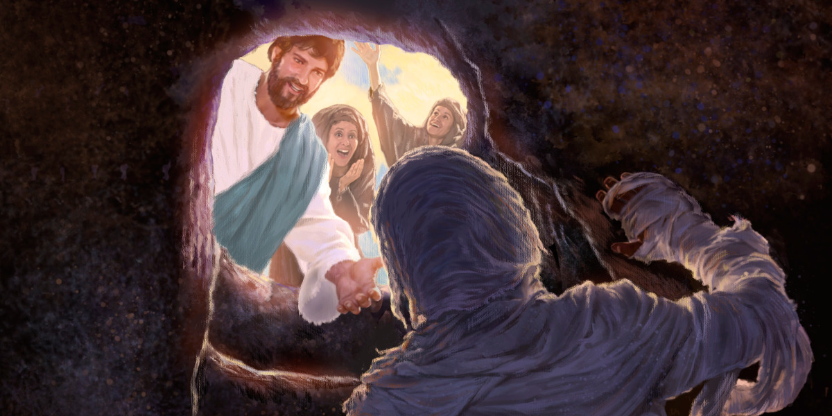 Lázaro é ressuscitado, e Jesus o chama para sair do túmulo.