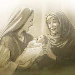 Maria pitelee Jeesus-lasta, ja naisprofeetta Anna kiittää Jumalaa