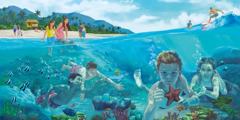 Људи и деца уживају у мору на рајској земљи