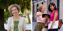 Isolina zeigt einer Frau beim Predigen auf der Straße etwas aus der Bibel