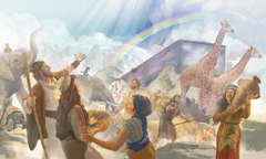 Noa, hans familj och djuren utanför arken efter översvämningen.