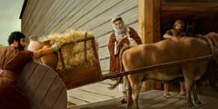 Noe şi doi dintre fiii săi făcând pregătiri pentru Potop