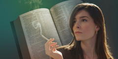 A glamorous-looking woman smoking a cigarette; an open Bible in the background