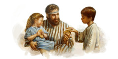 Ізраїльтянин розламує хліб, даючи його своїм дітям