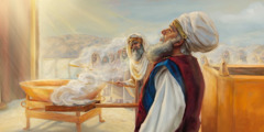 High Priest Aaron holding an incense-burning fire holder. Korah and his followers offer incense nearby