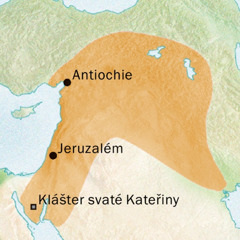 Mapa oblasti kolem Antiochie a Jeruzaléma, kde se mluvilo syrsky