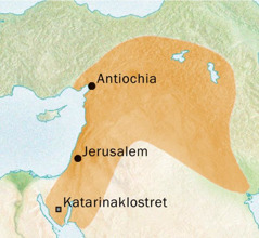 Kort over det område omkring Antiochia og Jerusalem hvor der blev talt syrisk