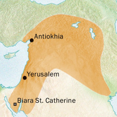 Peta daerah sekitar Antiokhia dan Yerusalem tempat bahasa Siria digunakan