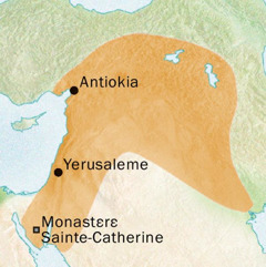 Karte ya mabele zingazinga ya Antiokia mpe Yerusaleme epai bazalaki koloba monɔkɔ ya Syriaque