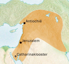 Kaart van het gebied rond Antiochië en Jeruzalem waar het Syrisch werd gesproken