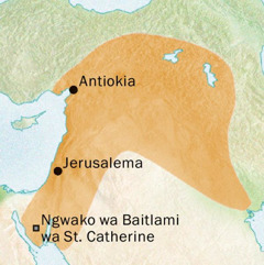 Mmapa wo o bontšhago dinaga tšeo di bego di dikologilego Antiokia le Jerusalema moo Sesiria se bego se bolelwa