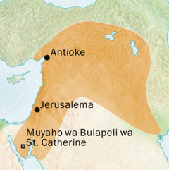 Mapa ye bonisa libaka ze potoloha Antioke ni Jerusalema mo ne ku bulelwa puo ya Syriac