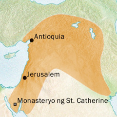 Mapa ng mga lugar na nakapalibot sa Antioquia at Jerusalem kung saan dating sinasalita ang Syriac