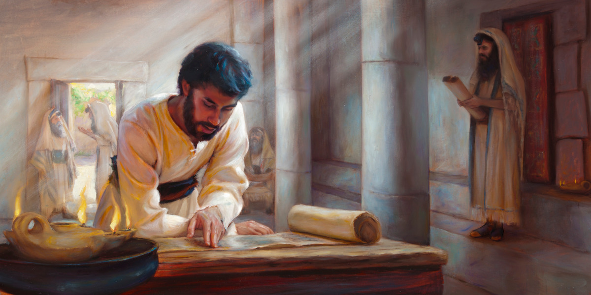 Jesus estudando um rolo numa sinagoga no primeiro século