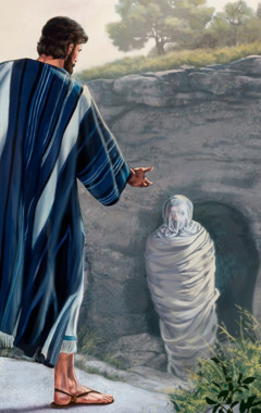 Jesus resurrects Lazarus, calling him to come out of the tomb