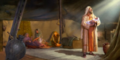 Abraham trzyma nowo narodzonego Izaaka, a kobiety troszczą się o Sarę