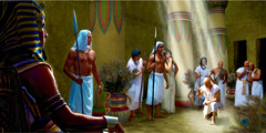 Giô-sép quỳ trước Pha-ra-ôn nơi cung điện