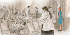 A disfellowshipped woman watches as congregation members associate with each other