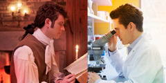 A man reading the Bible long ago; a modern-day scientist looking in a microscope