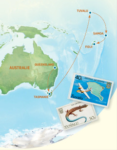 Enn map ki montre l’Australie, Tasmanie, Tuvalu, Samoa, ek Fidji