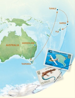 Mapa diin makita ang Australia, Tasmania, Tuvalu, Samoa, ug Fiji