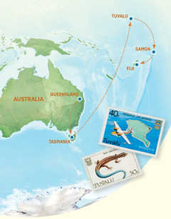A map showing Australia, Tasmania, Tuvalu, Samoa, and Fiji