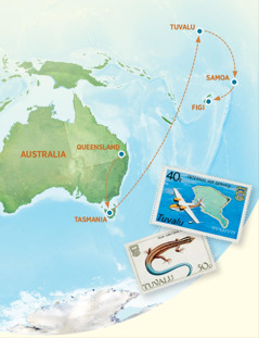 Una cartina geografica su cui sono indicate l’Australia, la Tasmania, le Tuvalu, le Samoa e le Figi