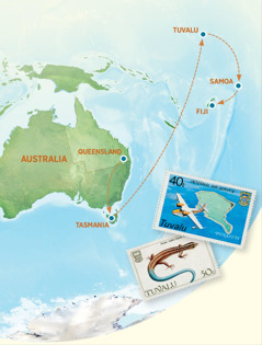 A map showing Australia, Tasmania, Tuvalu, Samoa, and Fiji