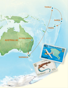 Žemėlapis, kuriame yra Australija, Tasmanija, Tuvalu, Samoa ir Fidžis