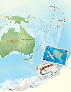 A map showing Australia, Tasmania, Tuvalu, Samoa, and Fiji